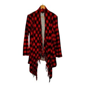 Chloah Buffalo Plaid Roll Tab Sleeve Open Front Fringe Cardigan. Size Small.